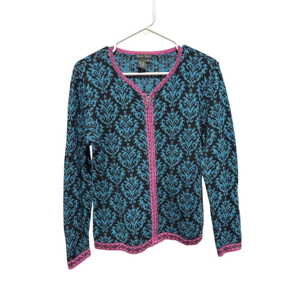 Vintage Nomadic Traders Tapestry Knit Zip Up Sweater Small Blue Pink Damask